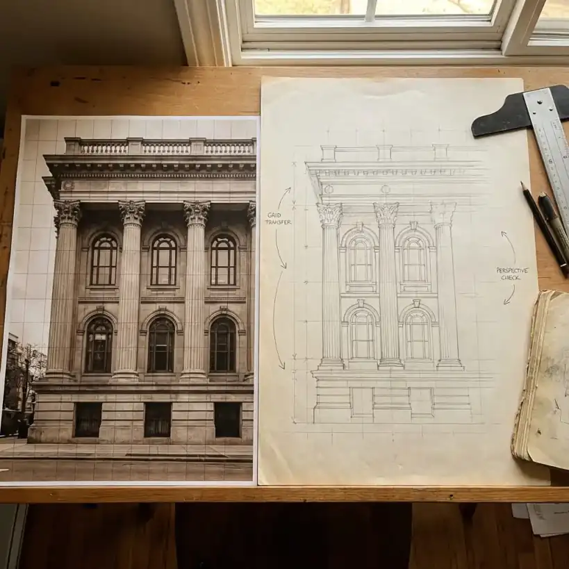 Architectural drawing of building facade with grid overlay