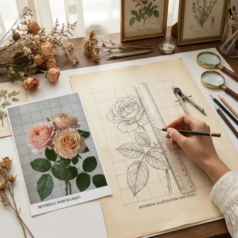 Botanical illustration of rose created with grid drawing technique