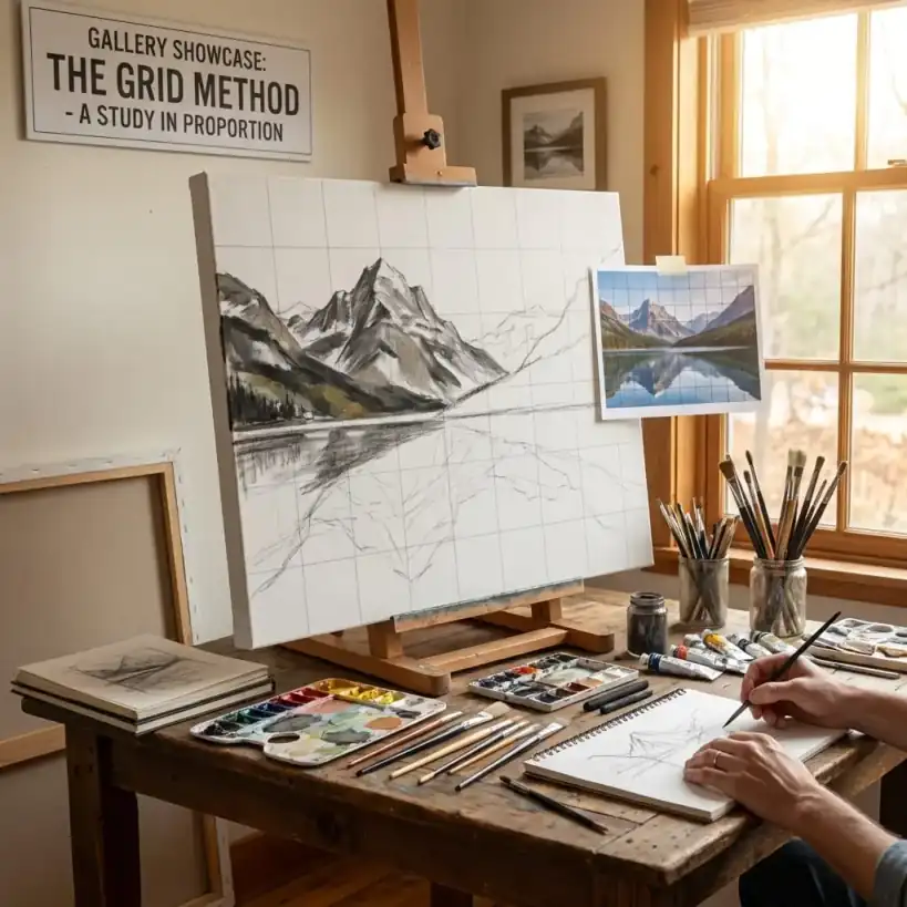 Landscape artwork created using drawing grid method for accurate proportions