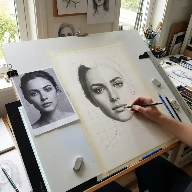 Portrait drawing using grid method showing face with grid overlay