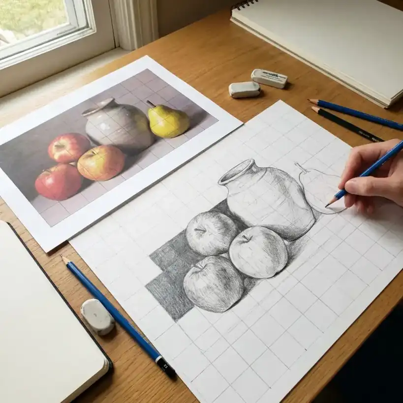 Still life drawing of fruits using grid method for composition