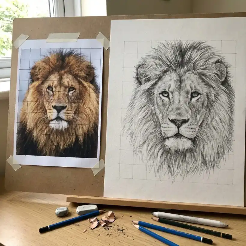 Wildlife illustration of lion created with drawing grid technique